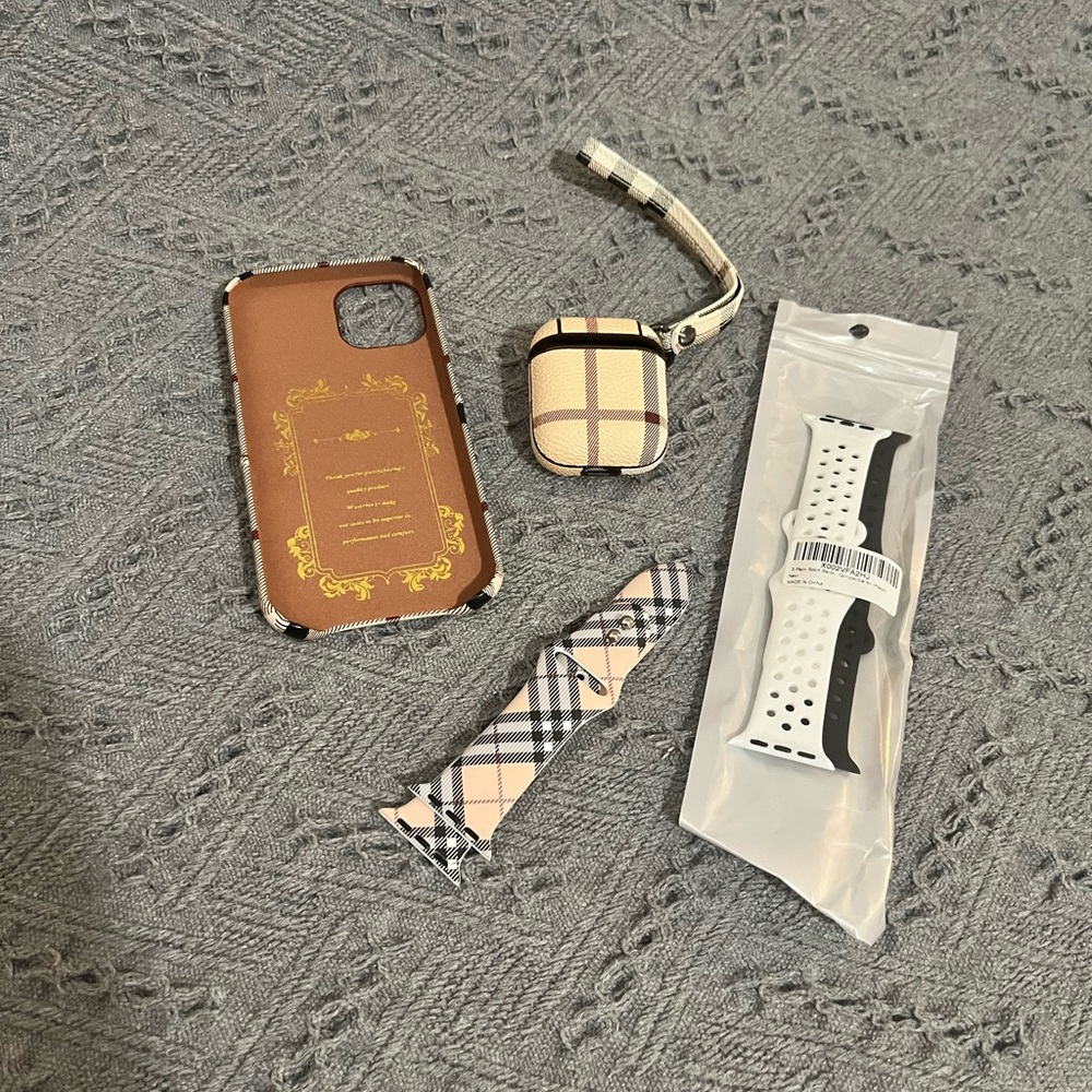 Brown and Plaid Phone Case and Accessories Set